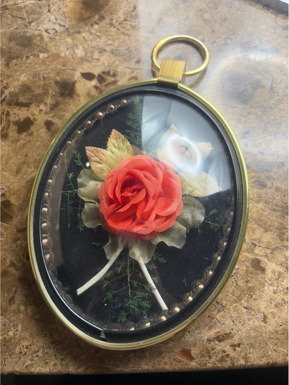 Vintage Cideart Oval Shadow Box Frame with Fabric Rose Art